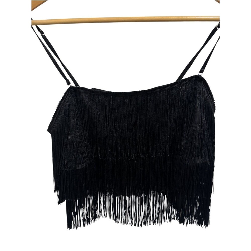 Free People Intimately Black Fringe Crop Cami Tank Top Size Large Boho Festival